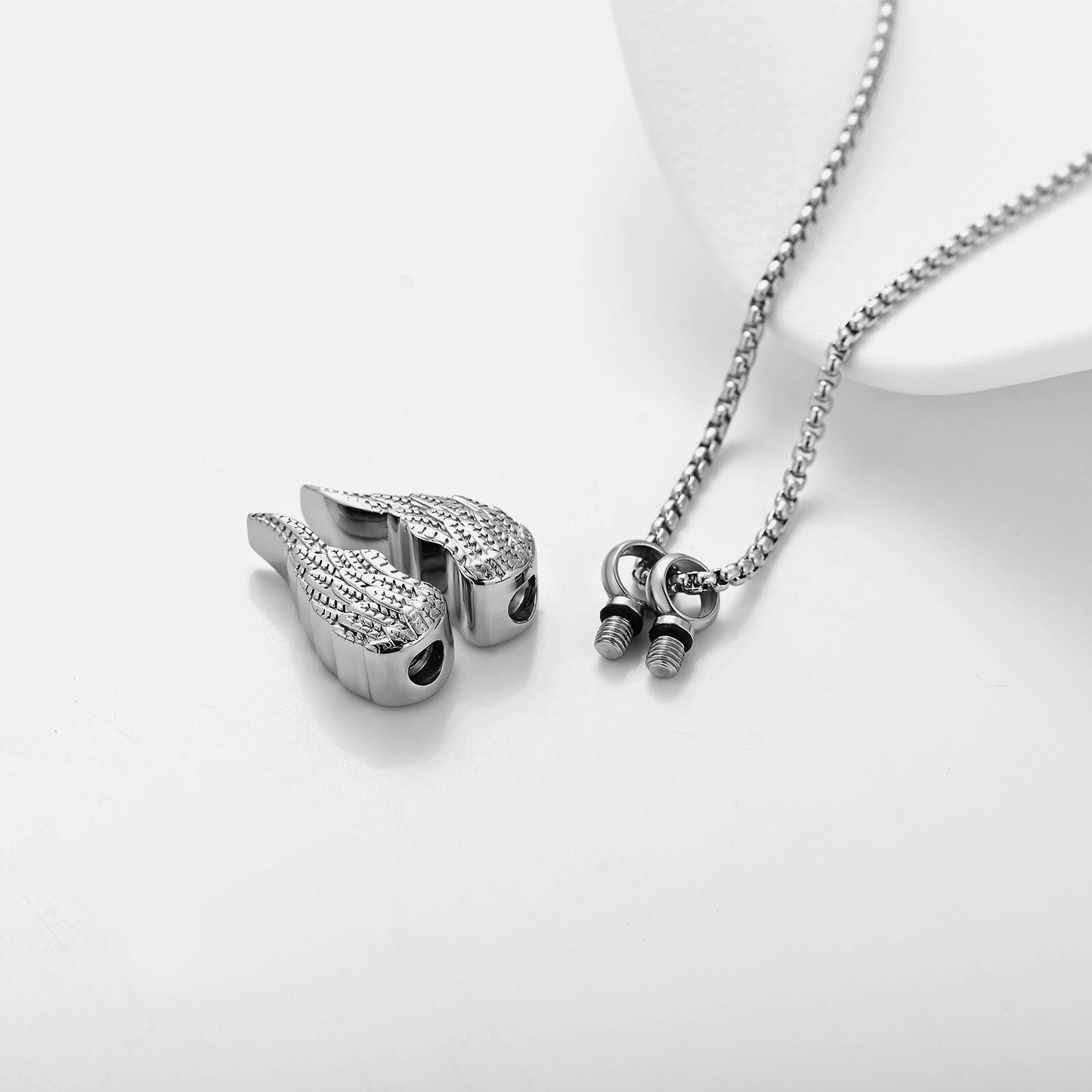 Guardian Wings Memorial Necklace – Silver Angel Wing Urn Necklace for Ashes, Hair, or Flowers