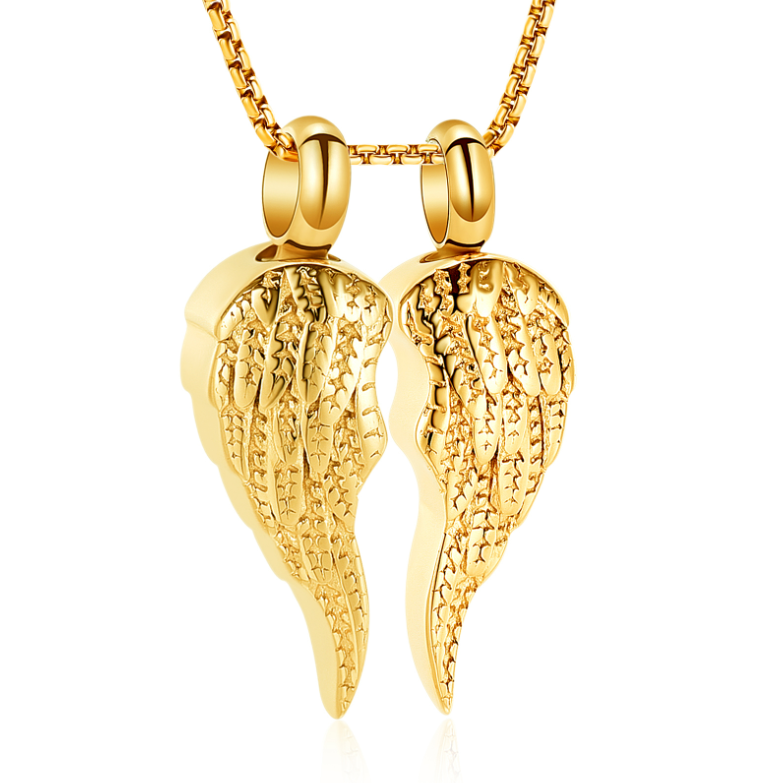 Gold angel wings cremation necklace – memorial jewelry with hidden compartment for ashes