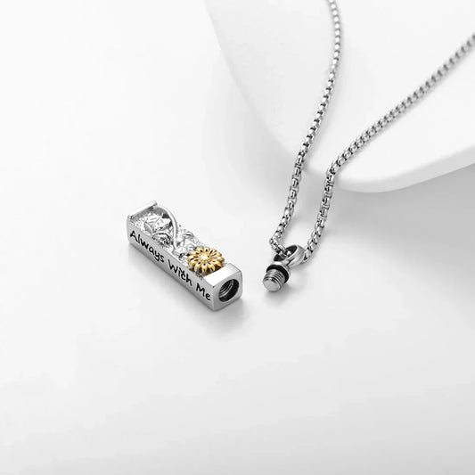 Sunflower cremation necklace with open screw-top compartment for ashes – 316L stainless steel memorial jewelry