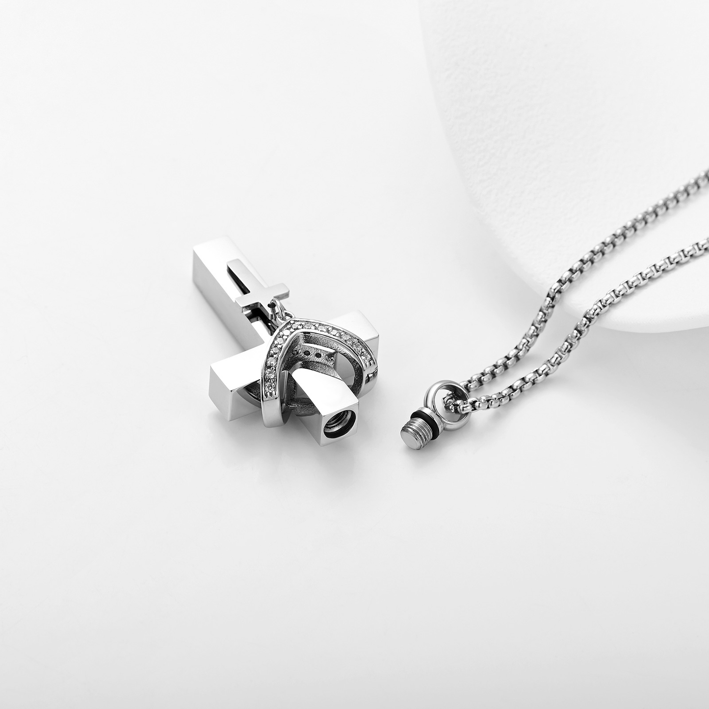 Faith & Light Double Cross Memorial Necklace – Silver Urn Necklace for Ashes with Rhinestone Accent
