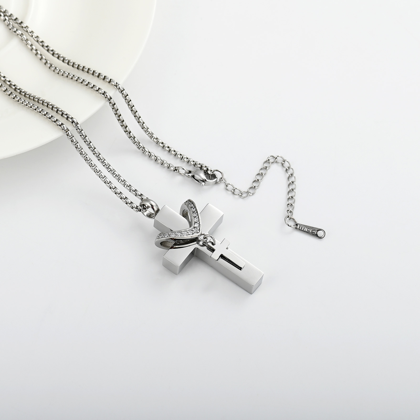 Faith & Light Double Cross Memorial Necklace – Silver Urn Necklace for Ashes with Rhinestone Accent
