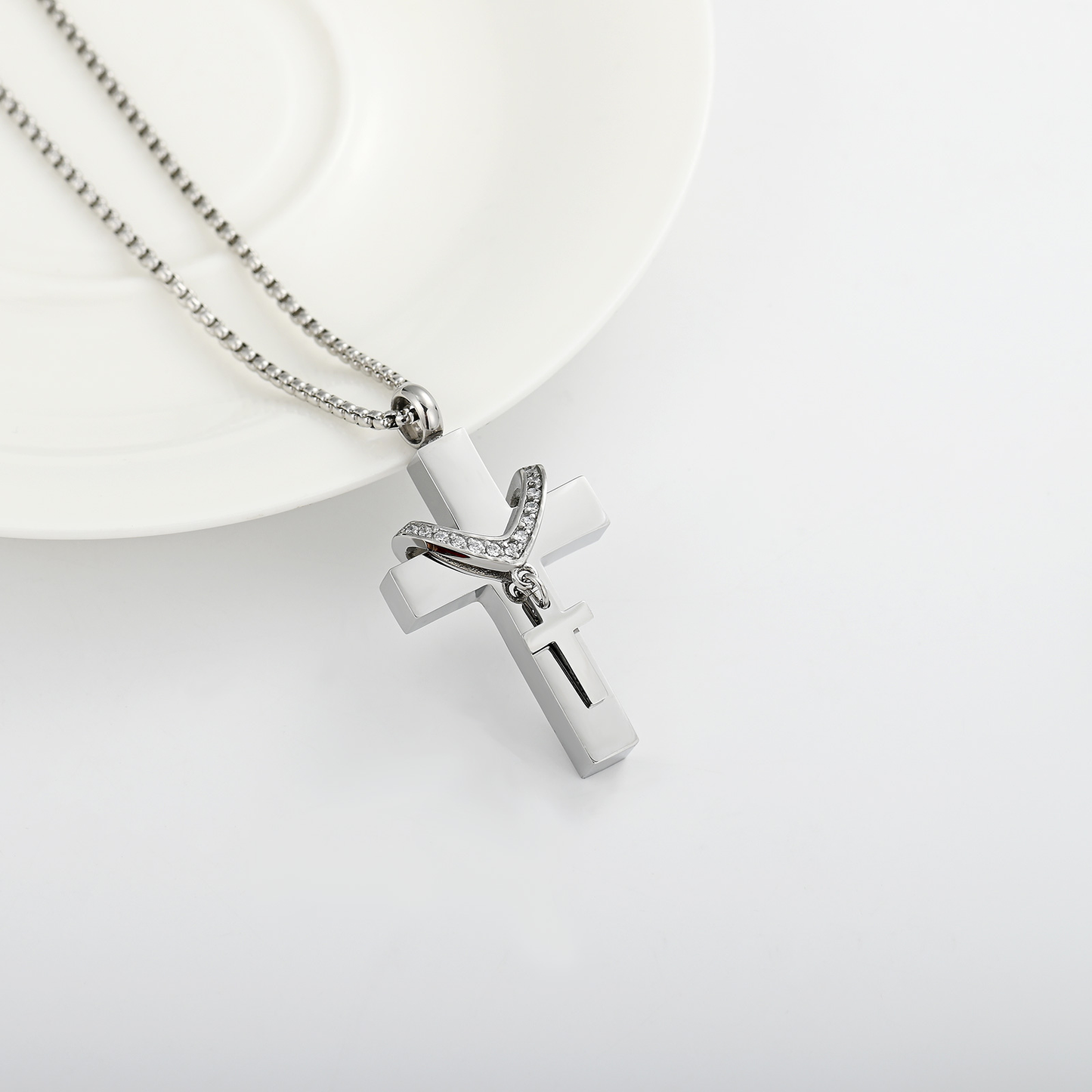 Faith & Light Double Cross Memorial Necklace – Silver Urn Necklace for Ashes with Rhinestone Accent