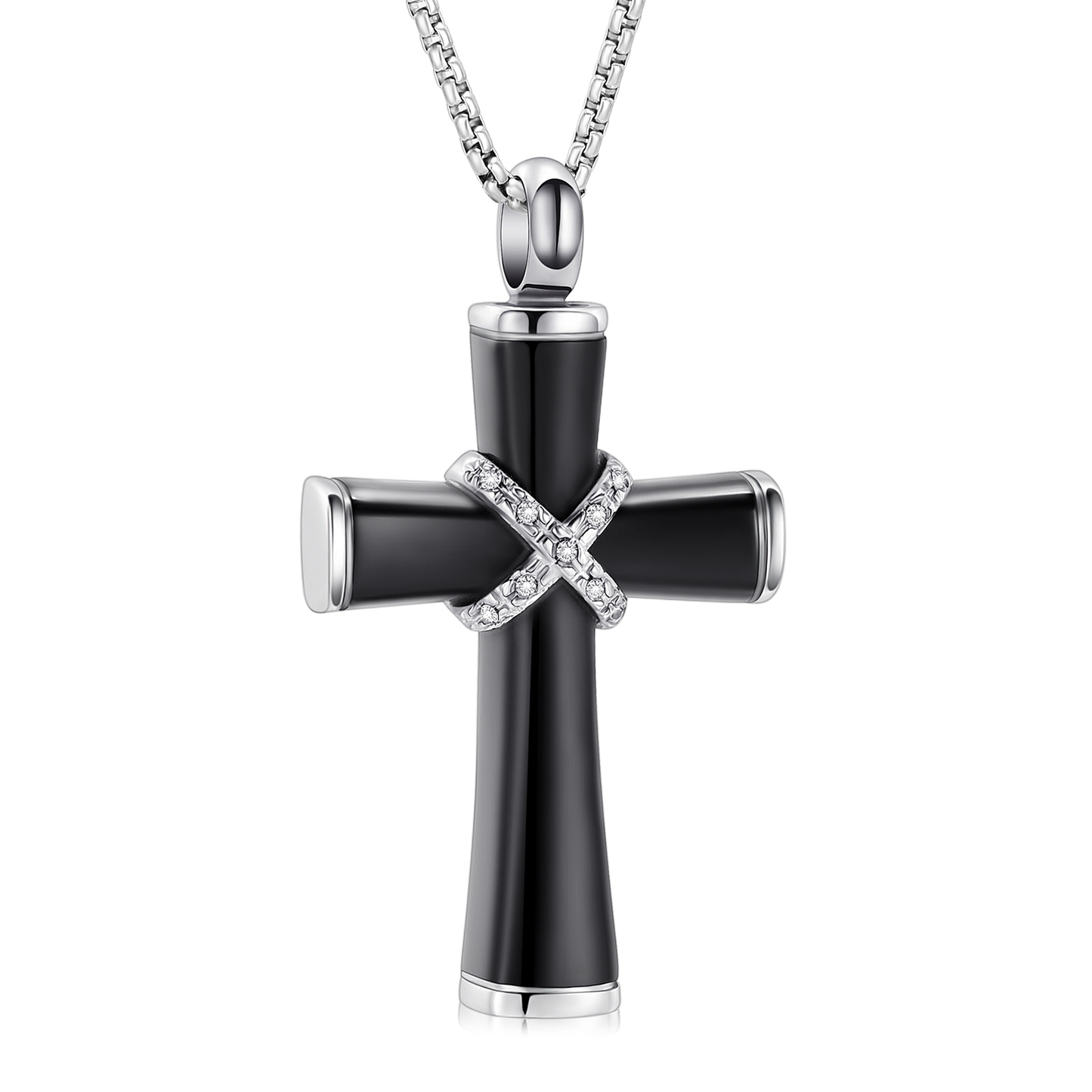 Black memorial cross necklace with rhinestone X – cremation jewelry for men