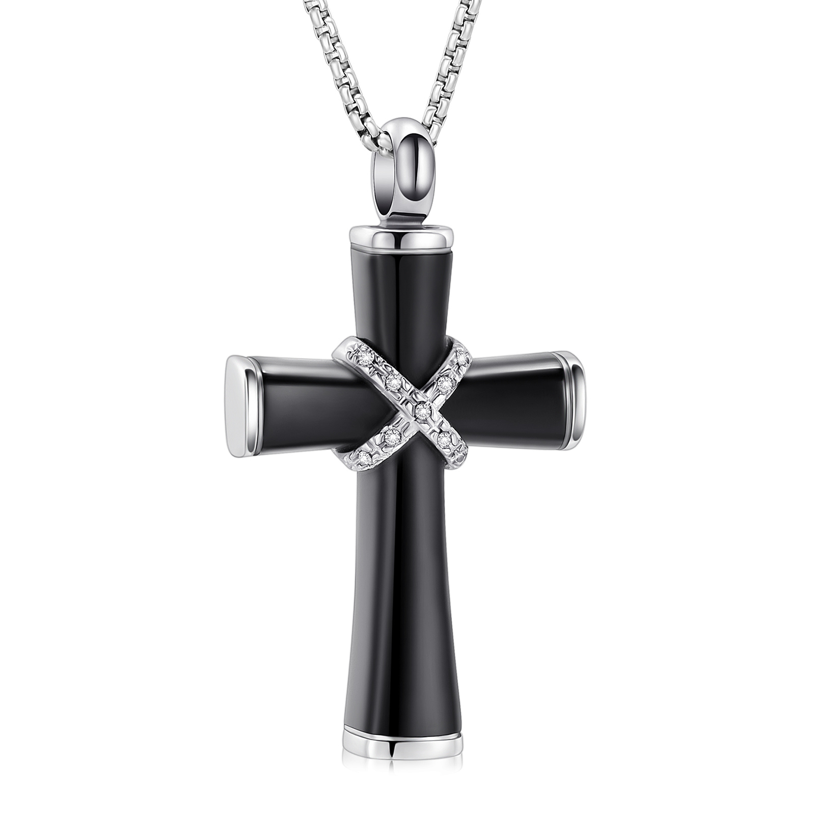 Black memorial cross necklace with rhinestone X – cremation jewelry for men