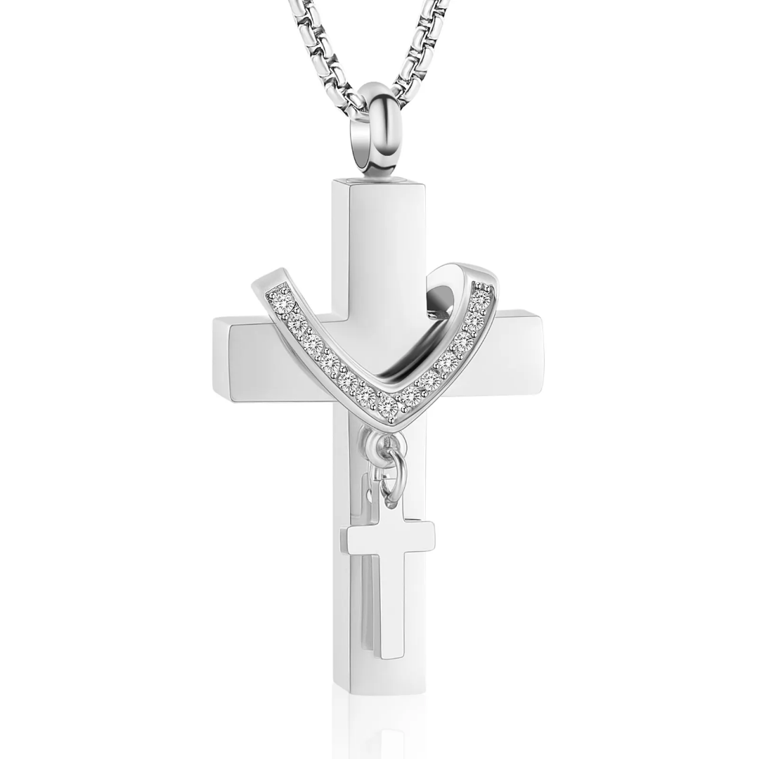 Silver double cross cremation necklace – memorial jewelry with rhinestone accent and hidden compartment